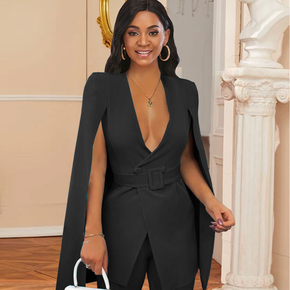 Sexy Deep V Neck Cape Sleeve Button Cardigan Blazer Set With Belt Office Lady Formal Womens Suits Business Woman Blazer 