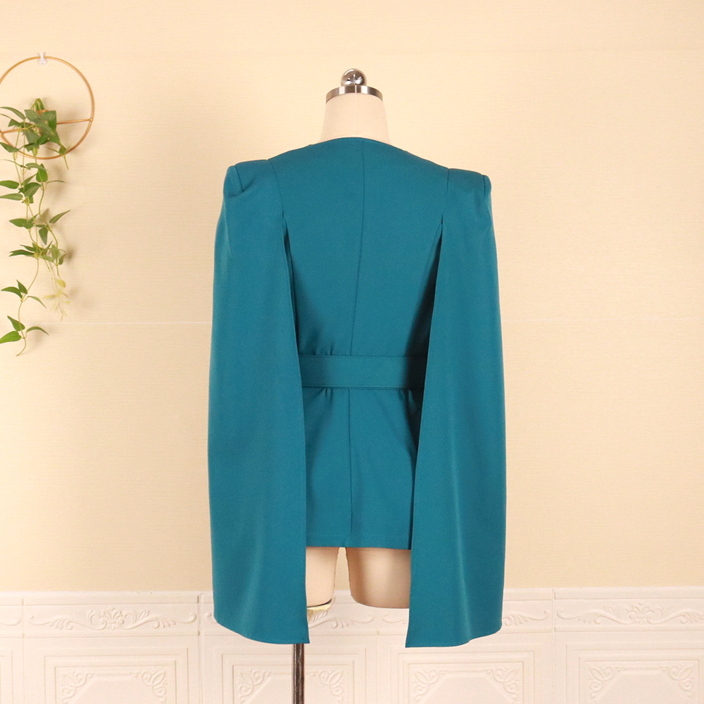 Sexy Deep V Neck Cape Sleeve Button Cardigan Blazer Set With Belt Office Lady Formal Womens Suits Business Woman Blazer 