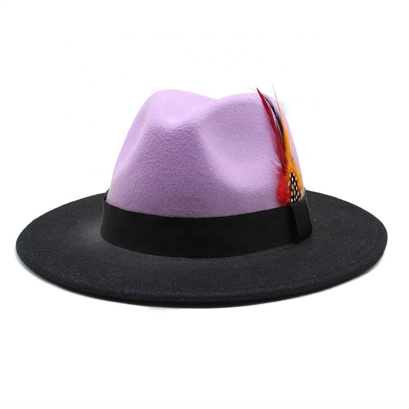 Dropshipping New color matching gradient feather jazz hat men and women outdoor shade woolen hat Fedora Hats