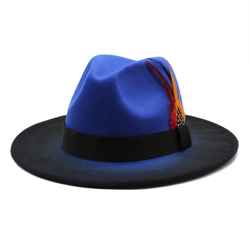 Dropshipping New color matching gradient feather jazz hat men and women outdoor shade woolen hat Fedora Hats