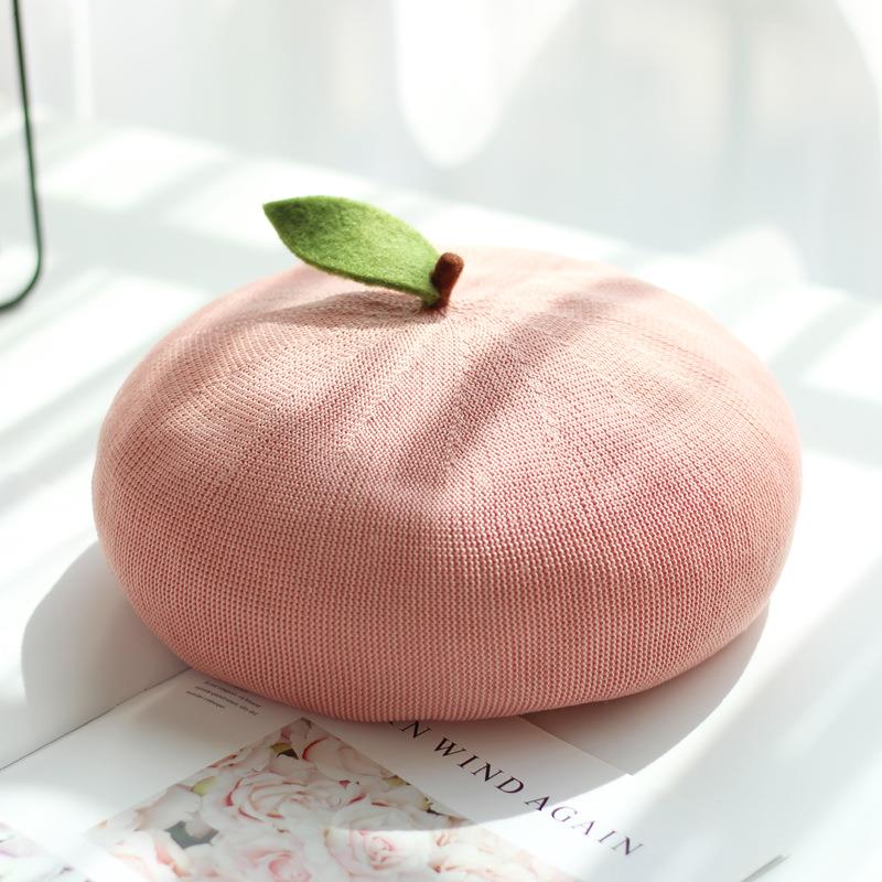 Spring Autumn Women Handmade Beret Hat Cute Fruit Pink Red Painter Hat Girl Thin Breathable Beanie Present Beret Cap