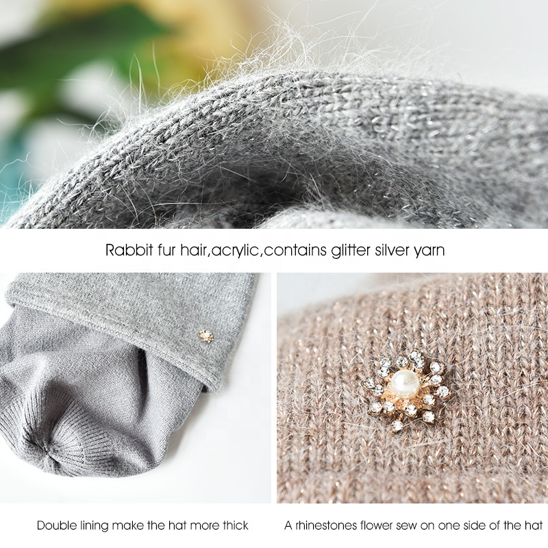 Casual Women Winter Knitted Hats With Fashion Rhinestone Warm Angola Rabbit Fur Double Layer Cable Beanie  Ski 