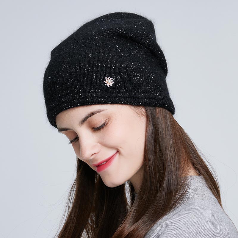Casual Women Winter Knitted Hats With Fashion Rhinestone Warm Angola Rabbit Fur Double Layer Cable Beanie  Ski 