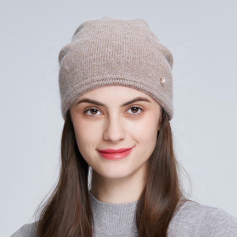 Casual Women Winter Knitted Hats With Fashion Rhinestone Warm Angola Rabbit Fur Double Layer Cable Beanie  Ski 