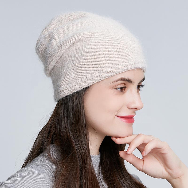 Casual Women Winter Knitted Hats With Fashion Rhinestone Warm Angola Rabbit Fur Double Layer Cable Beanie  Ski 