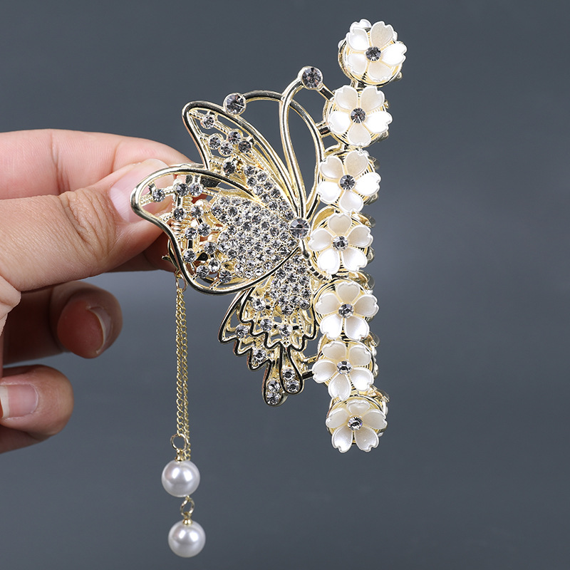 New Metal Rhinestone Butterfly rose flocked flower Shark Clip Fashion Head Ornament Hair Claw Catch Clips Back Head Hair