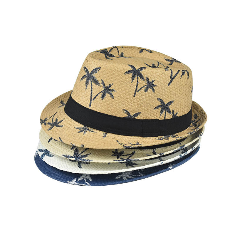 Hot selling summer straw bricked sunshade top hat men's coconut tree printed beach sunscreen small eaves papyrus Jazz