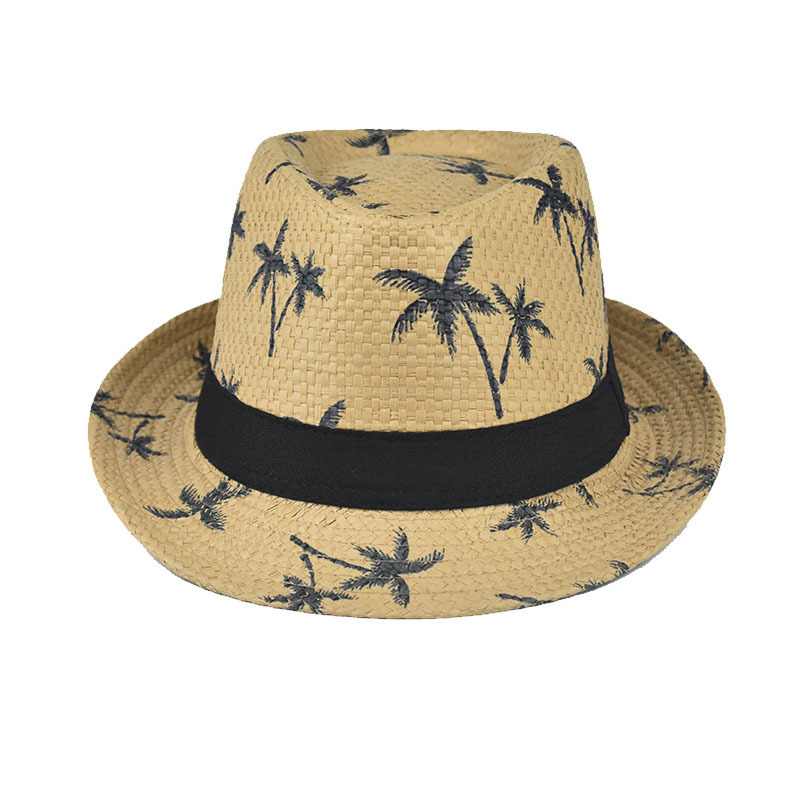 Hot selling summer straw bricked sunshade top hat men's coconut tree printed beach sunscreen small eaves papyrus Jazz