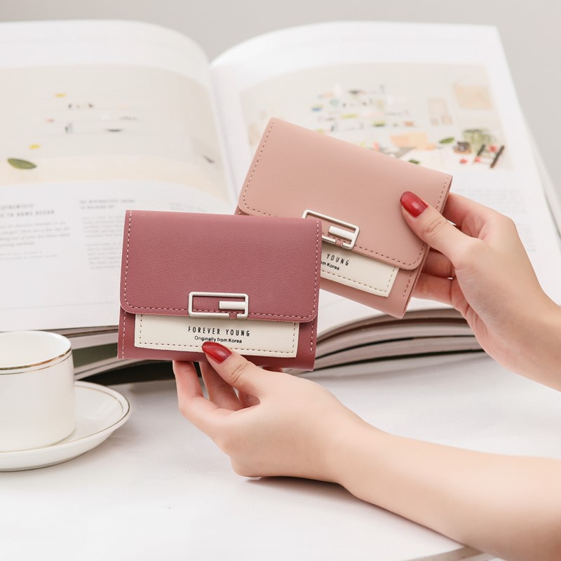 Solid Color Women's Folding Mini Wallet Short PU Leather Fashion Purse ﻿