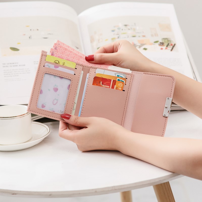 Solid Color Women's Folding Mini Wallet Short PU Leather Fashion Purse ﻿
