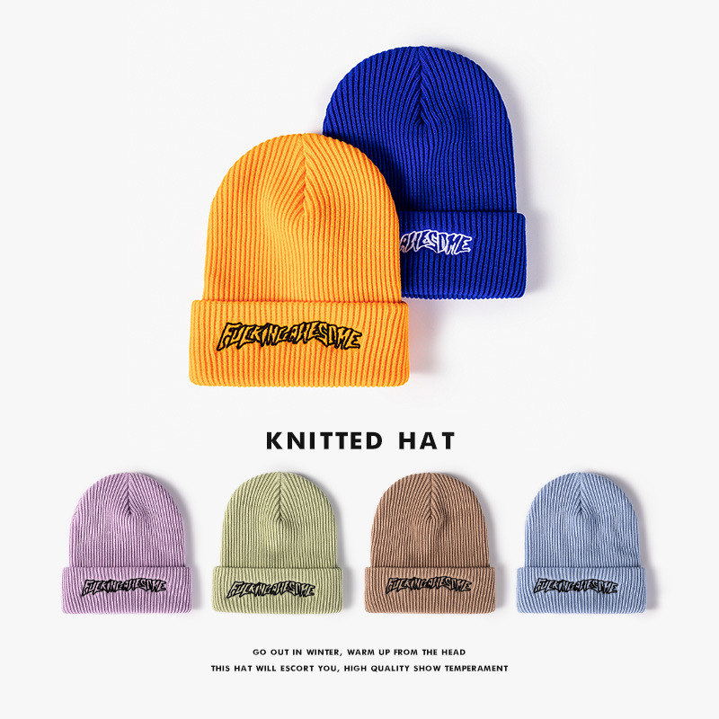Winter Warm Knitted Hat Outdoor Thickened Beanie with Embroidered Letters, Men's & Women's Sports Cap