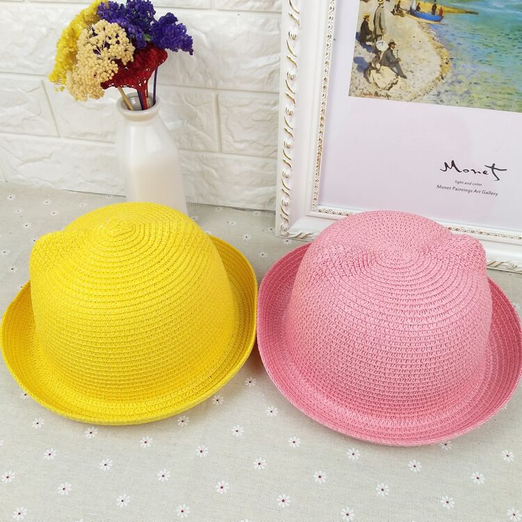 2023 Children's Straw Hat  Lace Girls Baby Wide Brim Kids Panama  For Folding Bucket Summer Beach