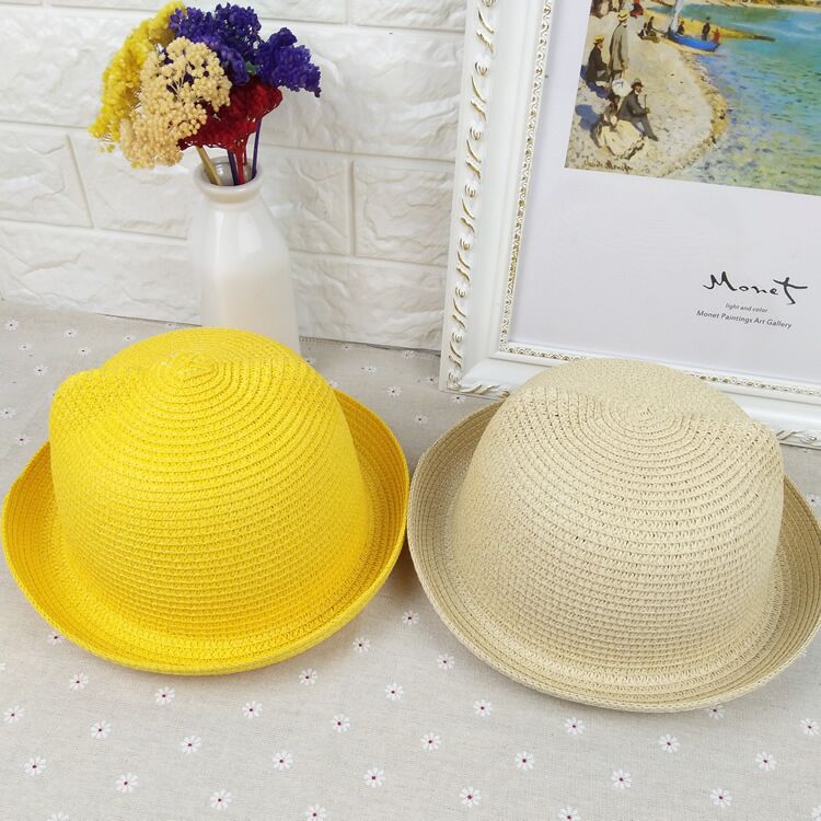 2023 Children's Straw Hat  Lace Girls Baby Wide Brim Kids Panama  For Folding Bucket Summer Beach