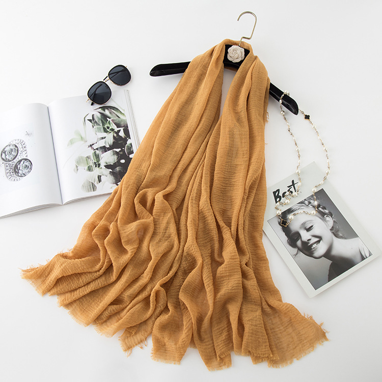   Classic Pure Color Wrinkled Short Beard Cotton Hemp Muslim Shawls Scarf