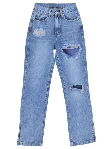 New Arrivals Fashion Loose Light Blue Grey Denim Pants Hole Straight Jeans Pants Wide Leg Ripped Jeans For Women