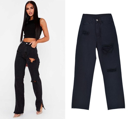 New Arrivals Fashion Loose Light Blue Grey Denim Pants Hole Straight Jeans Pants Wide Leg Ripped Jeans For Women