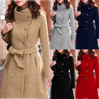New women's long belt woollen overcoat slim collar woollen wind coat