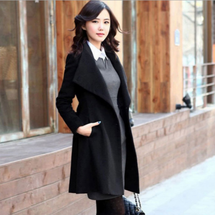 New women's long belt woollen overcoat slim collar woollen wind coat