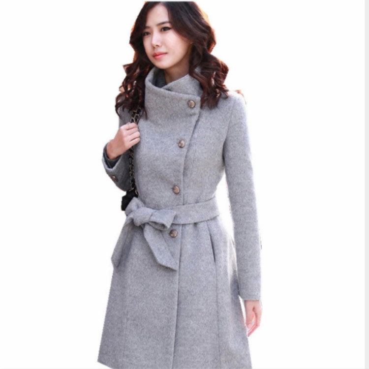 New women's long belt woollen overcoat slim collar woollen wind coat