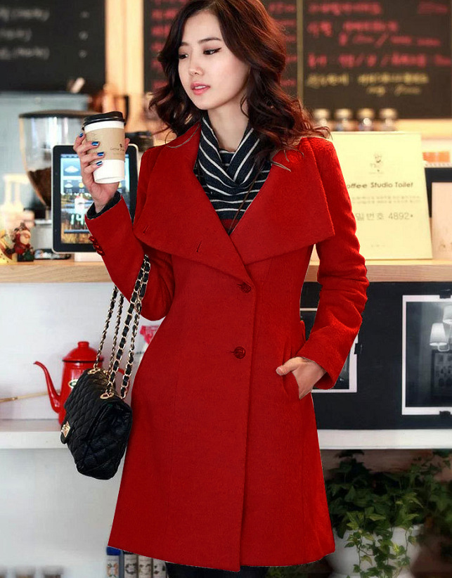 New women's long belt woollen overcoat slim collar woollen wind coat