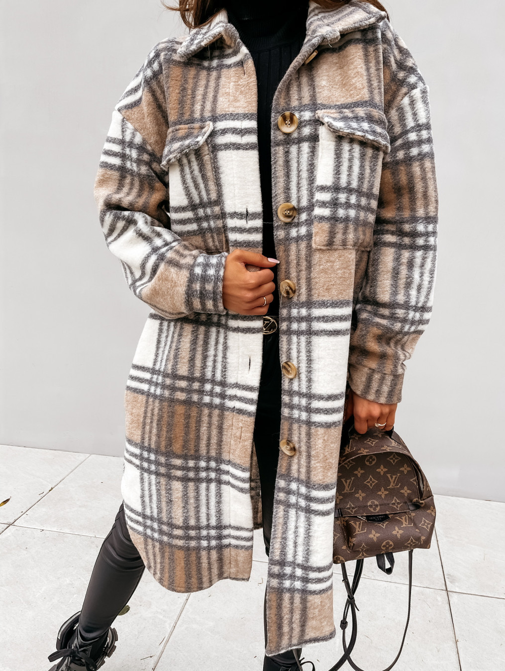 Women Casual Brushed Wool Flap Long Sleeve Coat With Pocket Lapel Single Button Long Plaid Shirt Coats For Ladies