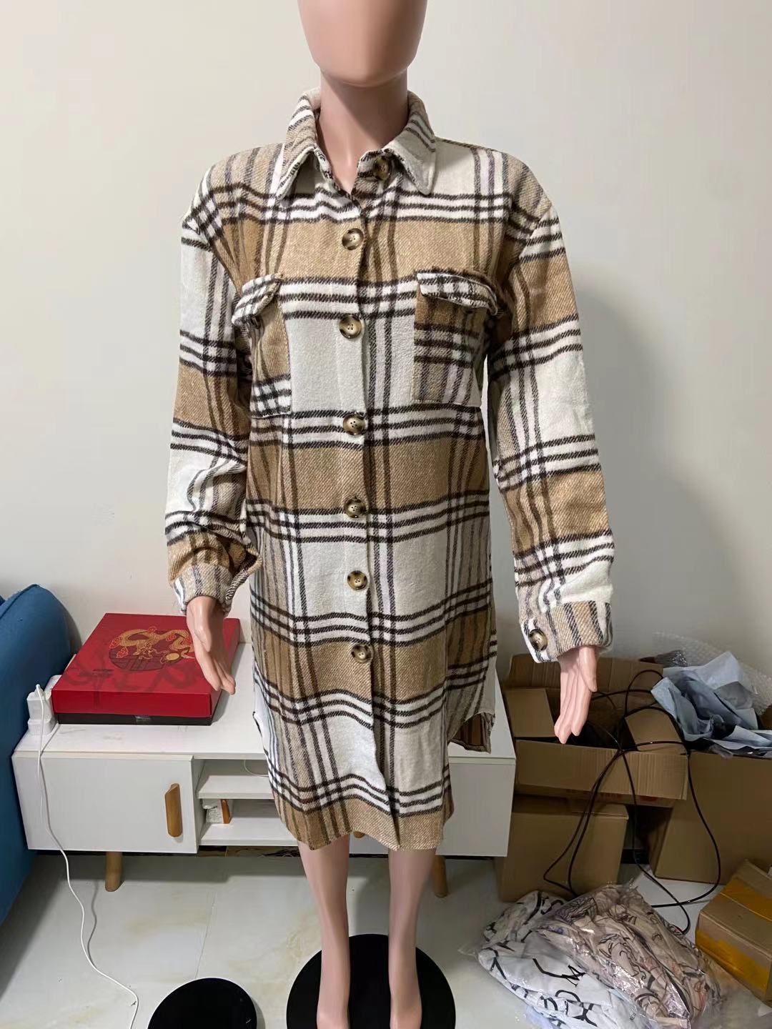 Women Casual Brushed Wool Flap Long Sleeve Coat With Pocket Lapel Single Button Long Plaid Shirt Coats For Ladies