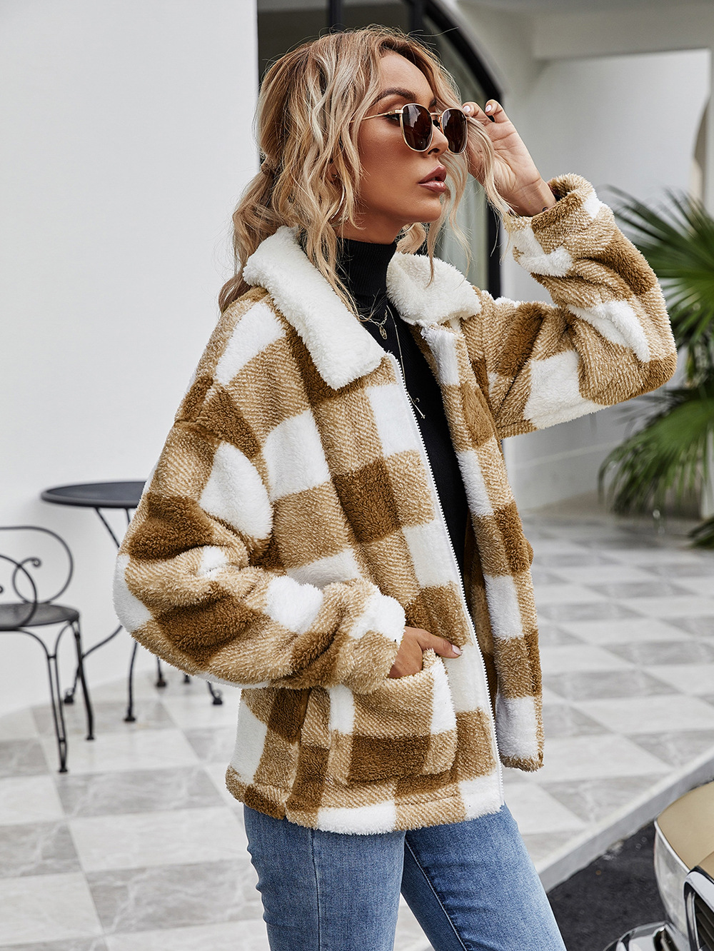 Fleece Zipper Womens Sherpa Lapel Long Sleeve Plaid Flannel Wool Coat For Women With Pocket