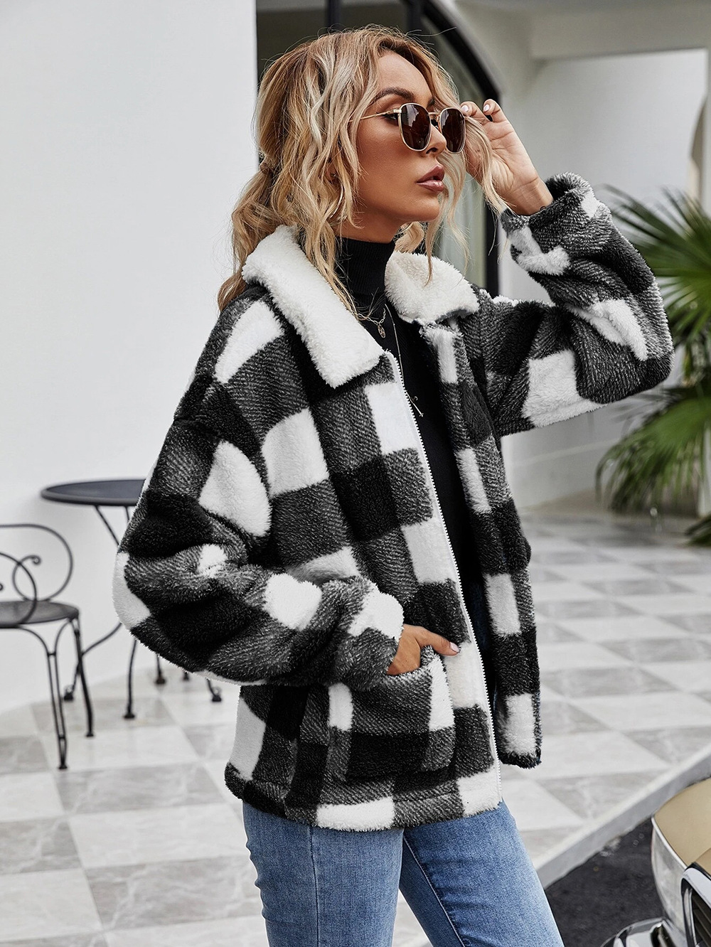 Fleece Zipper Womens Sherpa Lapel Long Sleeve Plaid Flannel Wool Coat For Women With Pocket