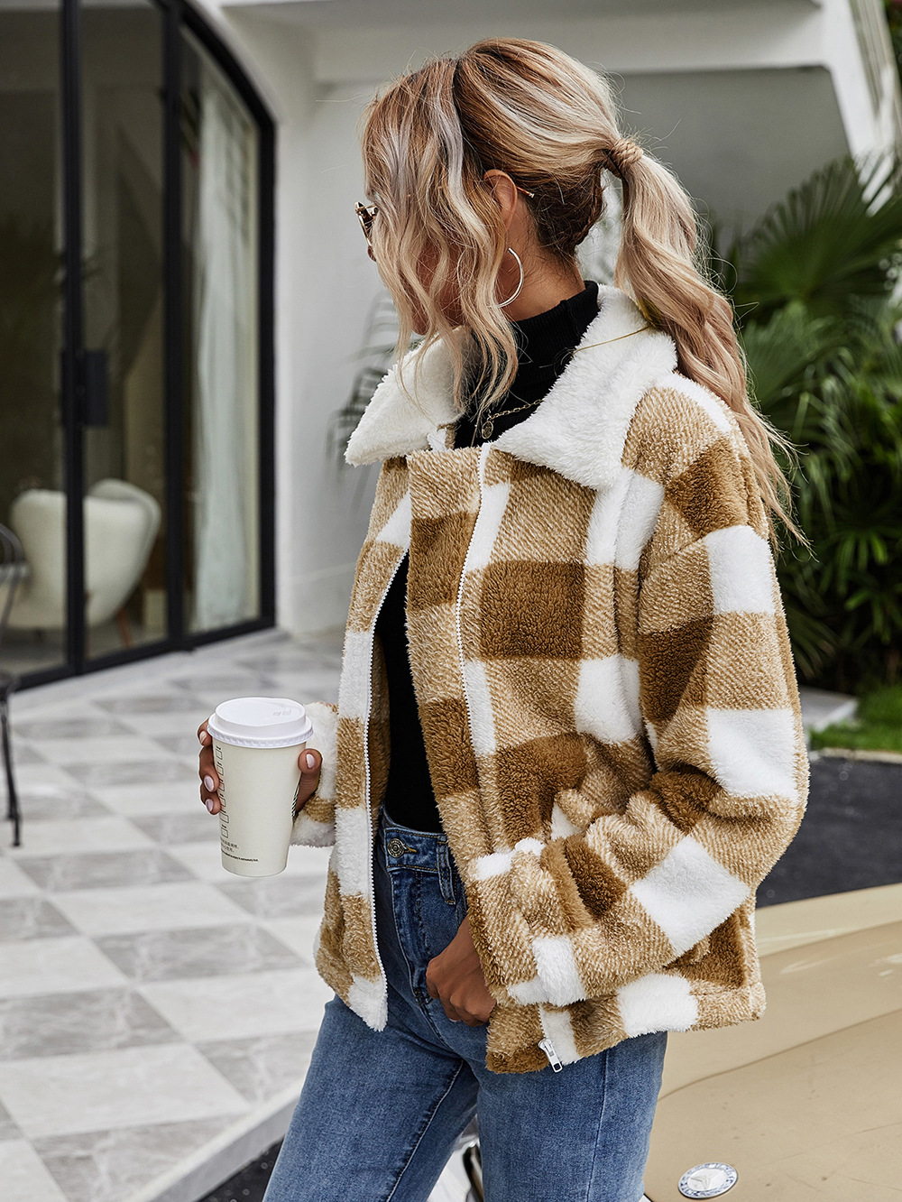 Fleece Zipper Womens Sherpa Lapel Long Sleeve Plaid Flannel Wool Coat For Women With Pocket