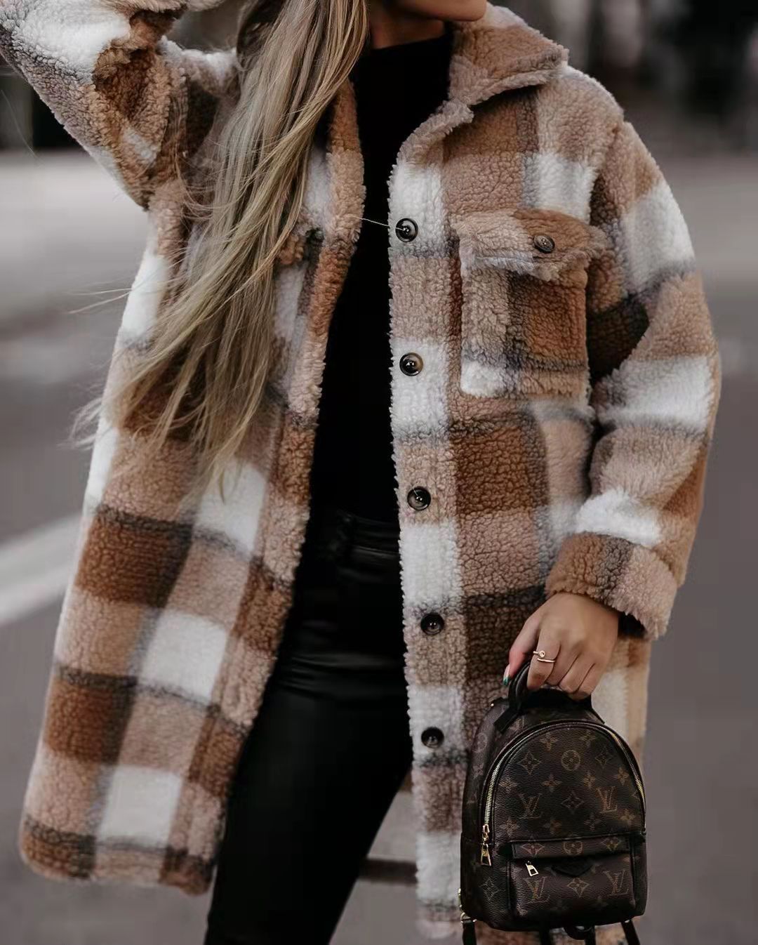 2021 Fashion Winter Outwear Women Clothing Pocketed Grid Pattern Overcoat Knit Cardigan Long Trench Coat