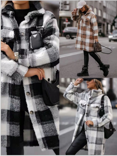 2021 Fashion Winter Outwear Women Clothing Pocketed Grid Pattern Overcoat Knit Cardigan Long Trench Coat