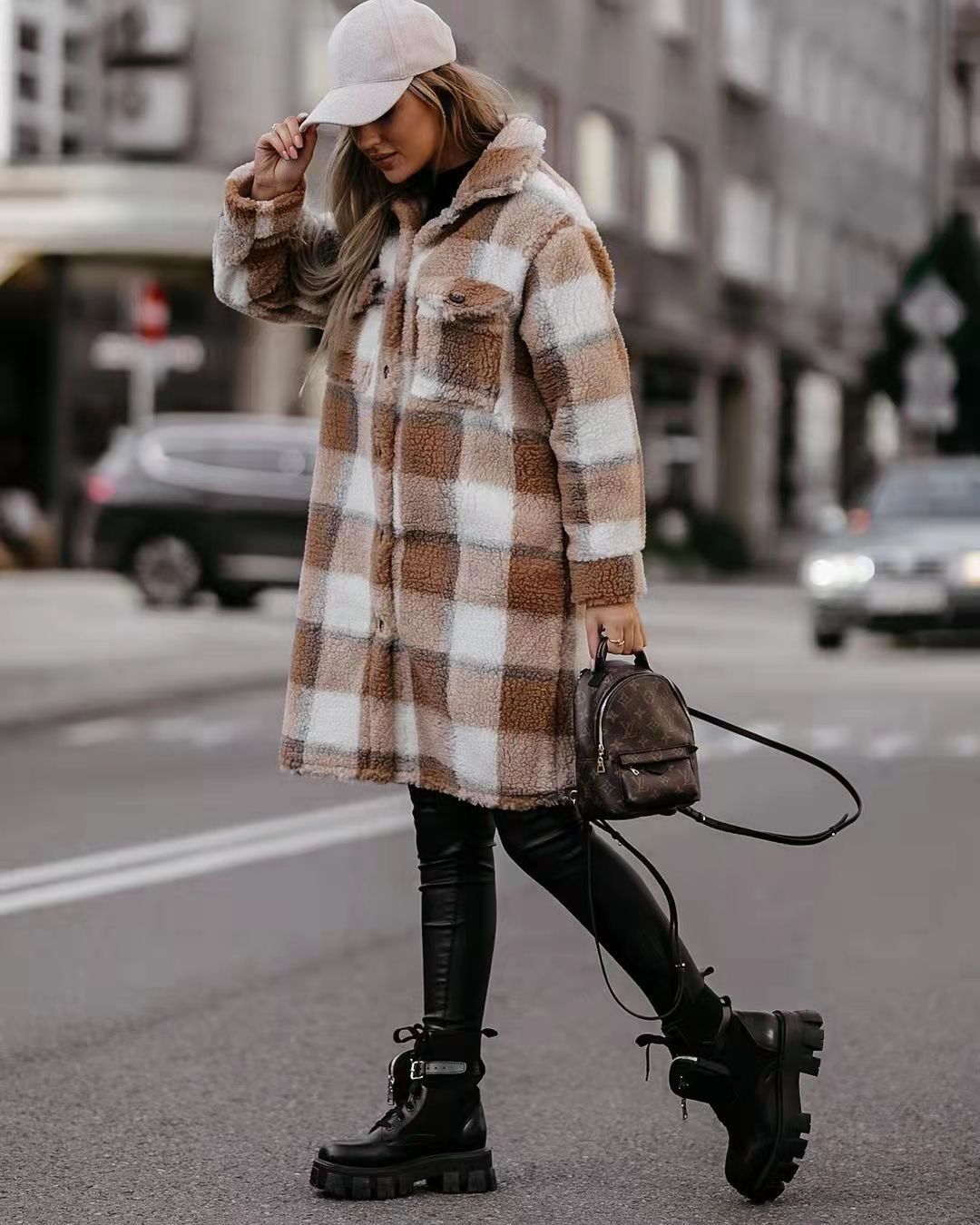 2021 Fashion Winter Outwear Women Clothing Pocketed Grid Pattern Overcoat Knit Cardigan Long Trench Coat