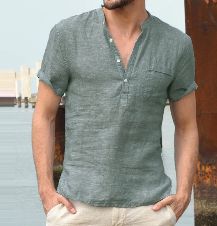 Mens New Casual Short Sleeve Summer Linen Cotton Shirts Men  Pullover Fashion Shirt Tops   Label