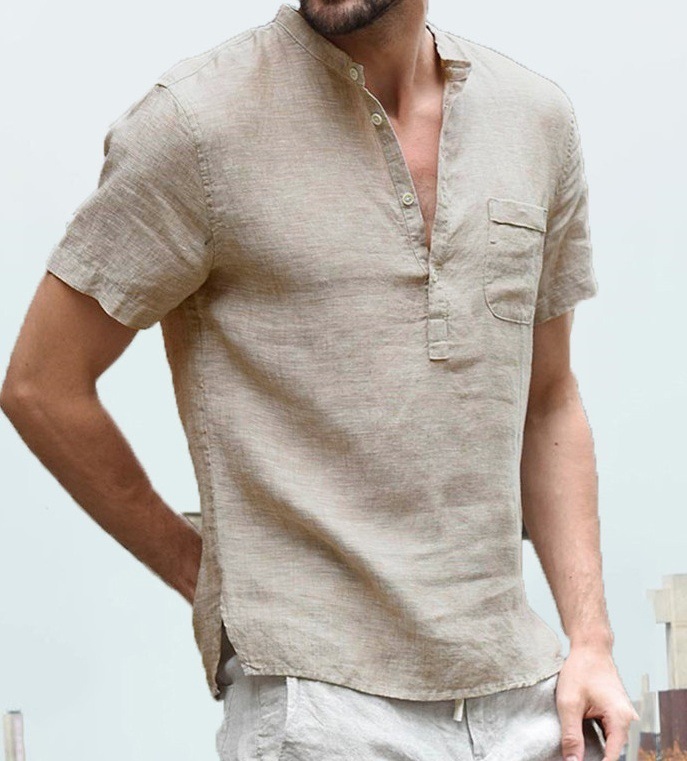 Mens New Casual Short Sleeve Summer Linen Cotton Shirts Men  Pullover Fashion Shirt Tops   Label