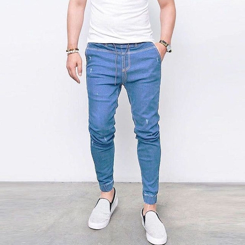 S-4XL Men Denim solid color outdoor jeans slim pencil long pants men's elastic waist pockets trousers casual jeans