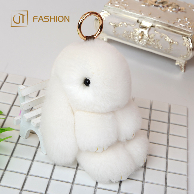 Jtfur  Cute Girl Fashion Toy Doll Key Chain Fluffy Rabbit Shape Real Rex Rabbit Fur Keychain