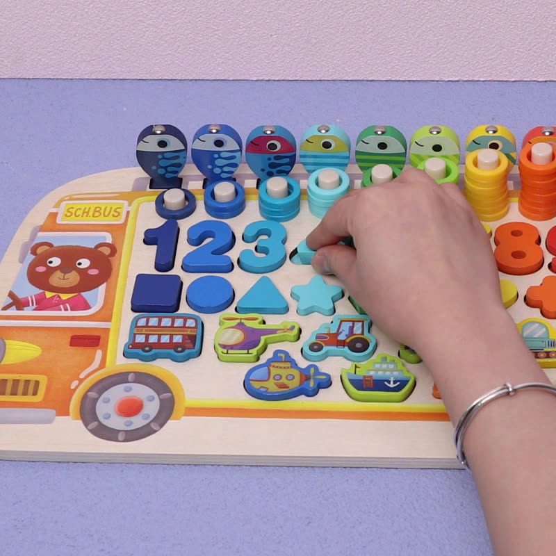 Craft Wooden Board Puzzle Toy Busy School Bus Letters  Numbers Math Toys