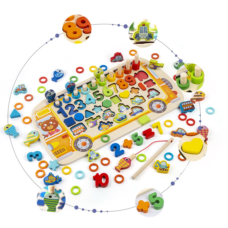 Craft Wooden Board Puzzle Toy Busy School Bus Letters  Numbers Math Toys