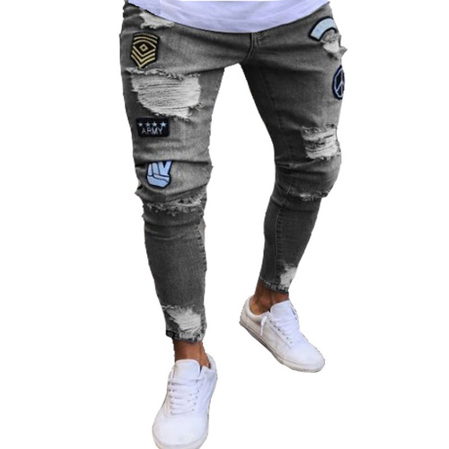  New men's jeans cross-border broken hole trend black slim jeans