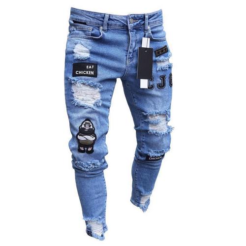  New men's jeans cross-border broken hole trend black slim jeans