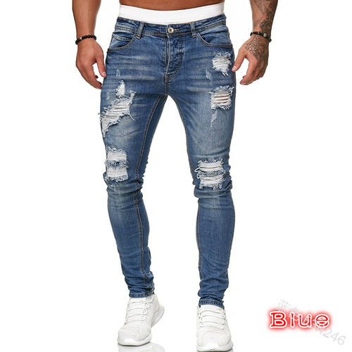  New men's jeans cross-border broken hole trend black slim jeans