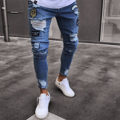  New men's jeans cross-border broken hole trend black slim jeans