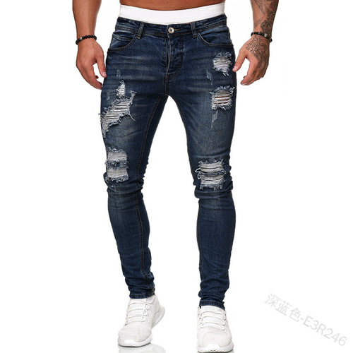  New men's jeans cross-border broken hole trend black slim jeans