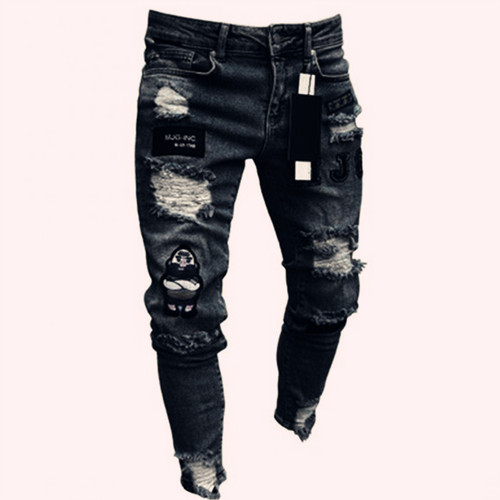  New men's jeans cross-border broken hole trend black slim jeans