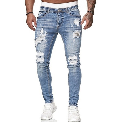  New men's jeans cross-border broken hole trend black slim jeans