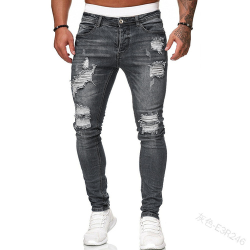  New men's jeans cross-border broken hole trend black slim jeans
