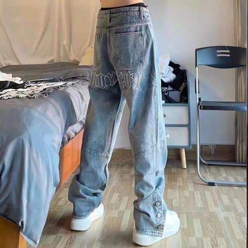 New Embroidered Jeans Men Straight Loose Wide-leg Pants Spring And Autumn Korean Fashion High Street Hip Hop Style Male 