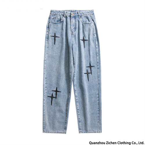 New Embroidered Jeans Men Straight Loose Wide-leg Pants Spring And Autumn Korean Fashion High Street Hip Hop Style Male 