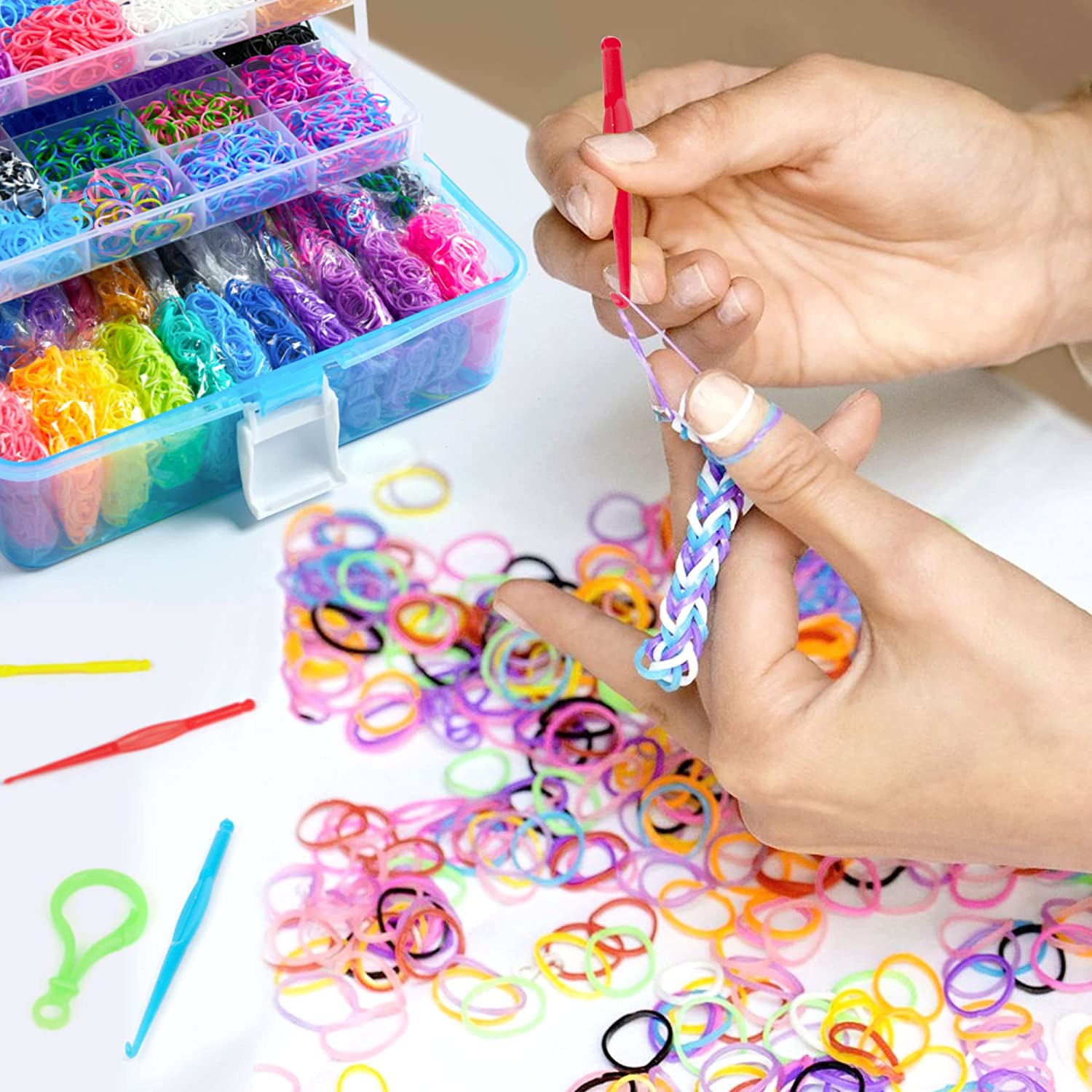 17500+ Rubber Loom Bands with 3 Layer Blue Container Bracelet Making Refill Kit for Kids