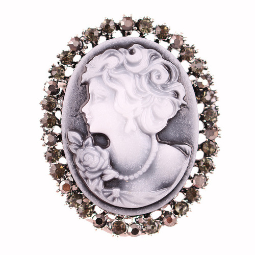 Amazon Ebay Hot Selling Hollow Crystal Flower Oval Lady Queen Cameo Brooch for Women Antique Gold Party Vintage Brooch J